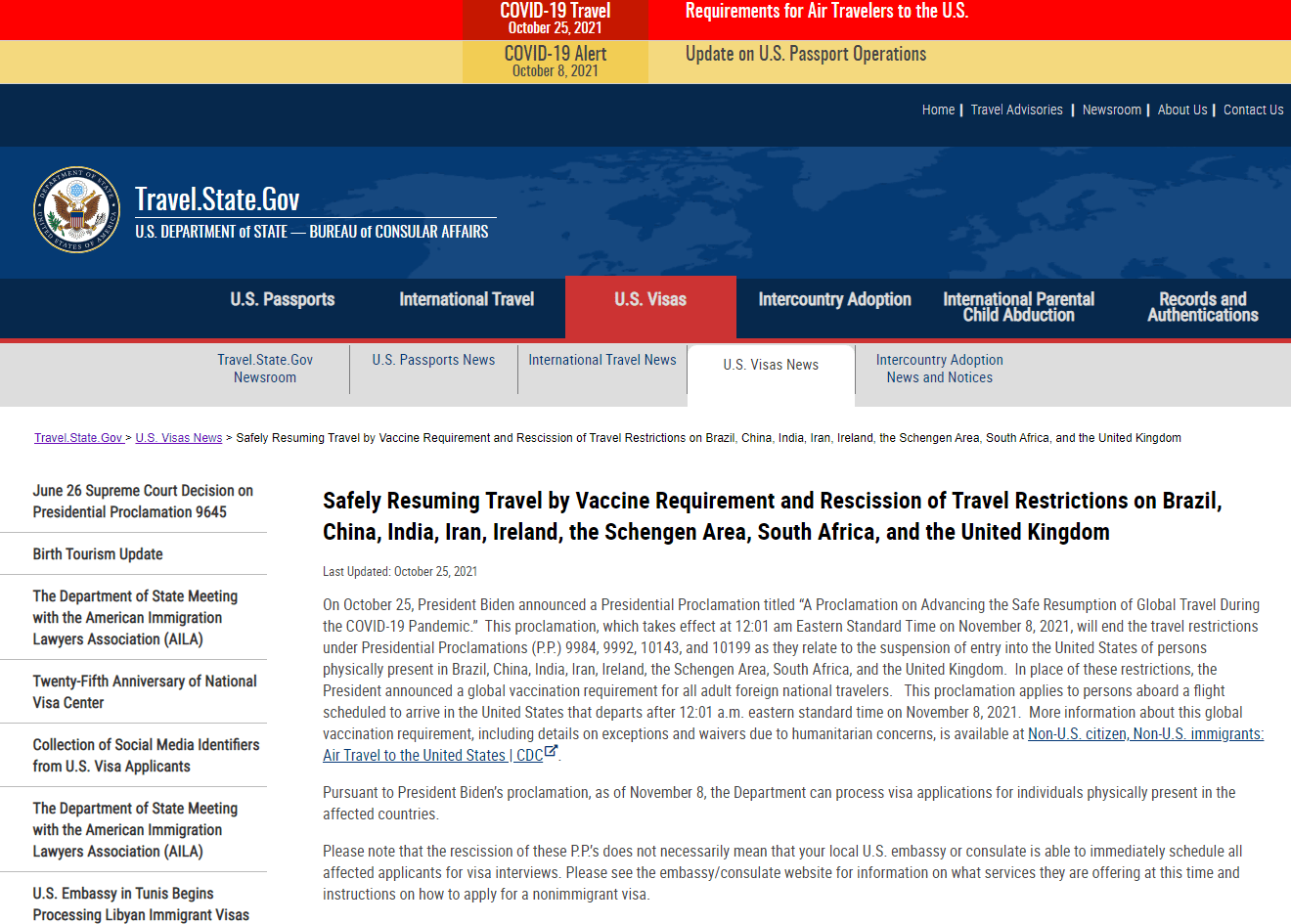 入境美國旅行以及恢復簽證發放的公告